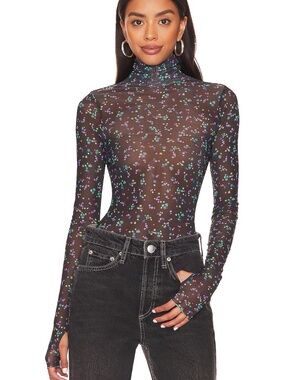 AFRM Zadie Mesh Top Noir Neon Ditsy Floral Sheer Long Sleeve Size S